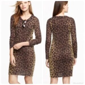 J. Crew Brown Leopard Long Sleeve Mohair Sheath Sweater Dress, Size M